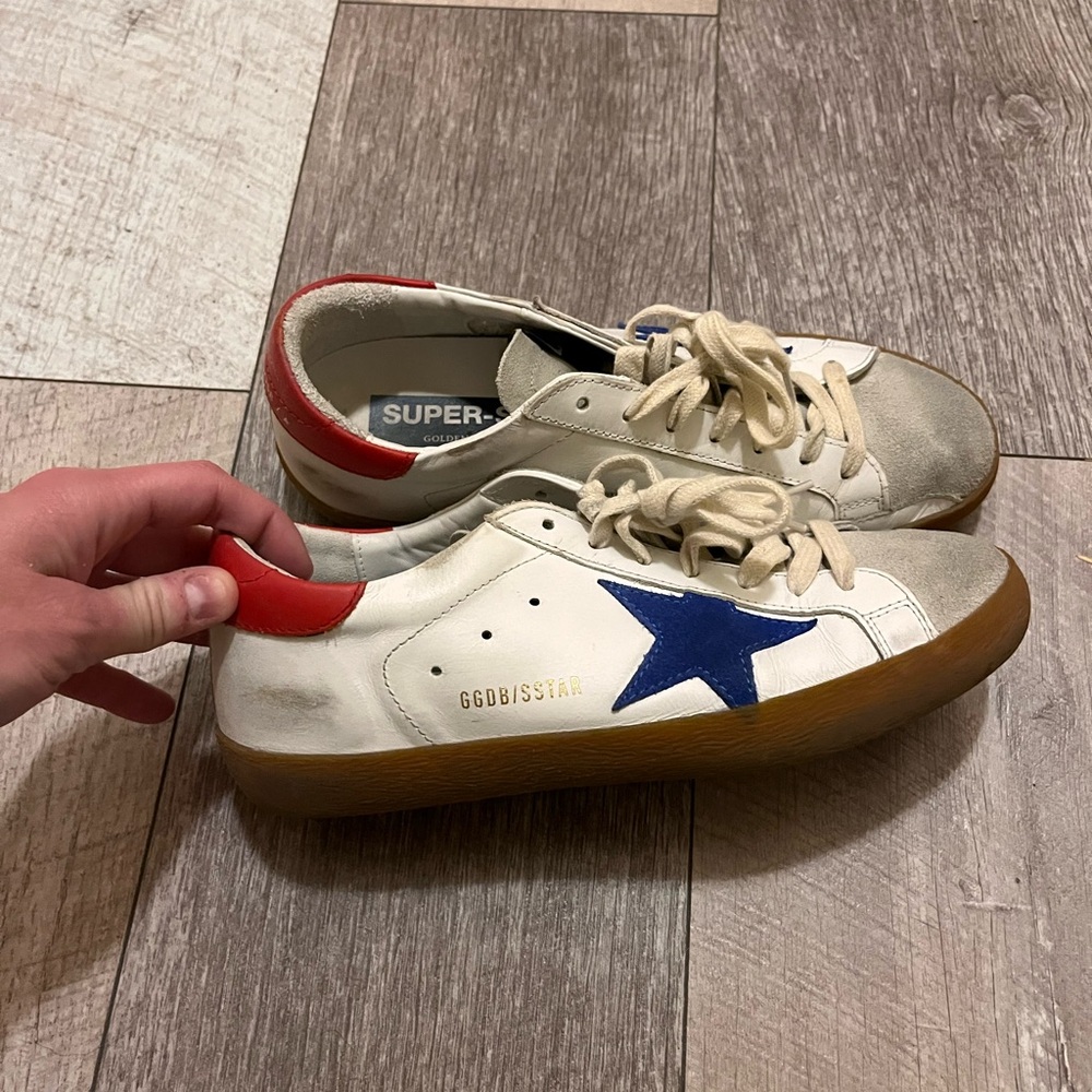 Golden Goose White Sneakers with Blue Star and Red Heel